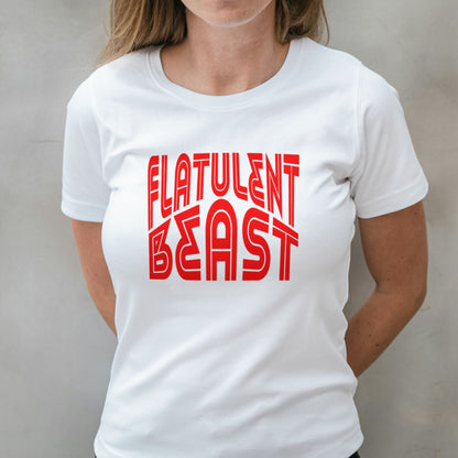 woman wearing flatulent beast red on white graphic tee