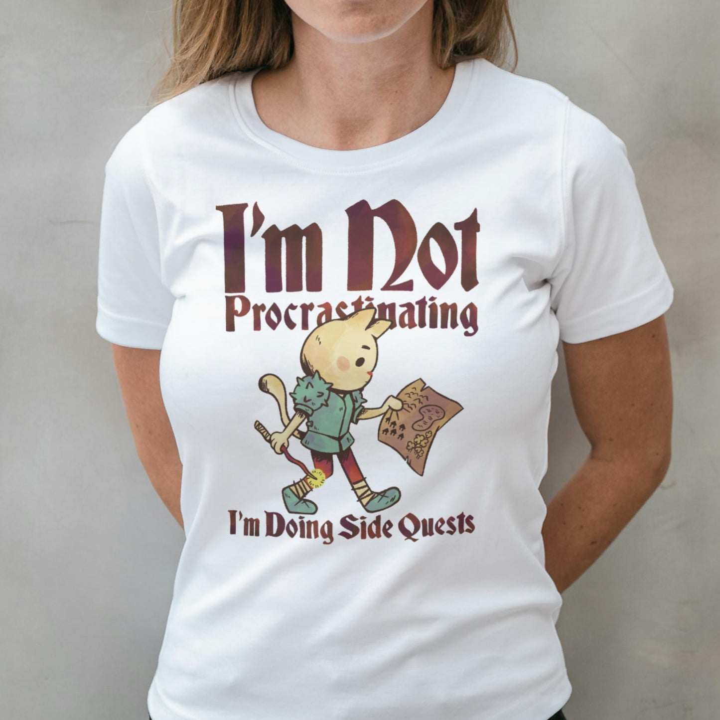 woman wearing side quests graphic tee