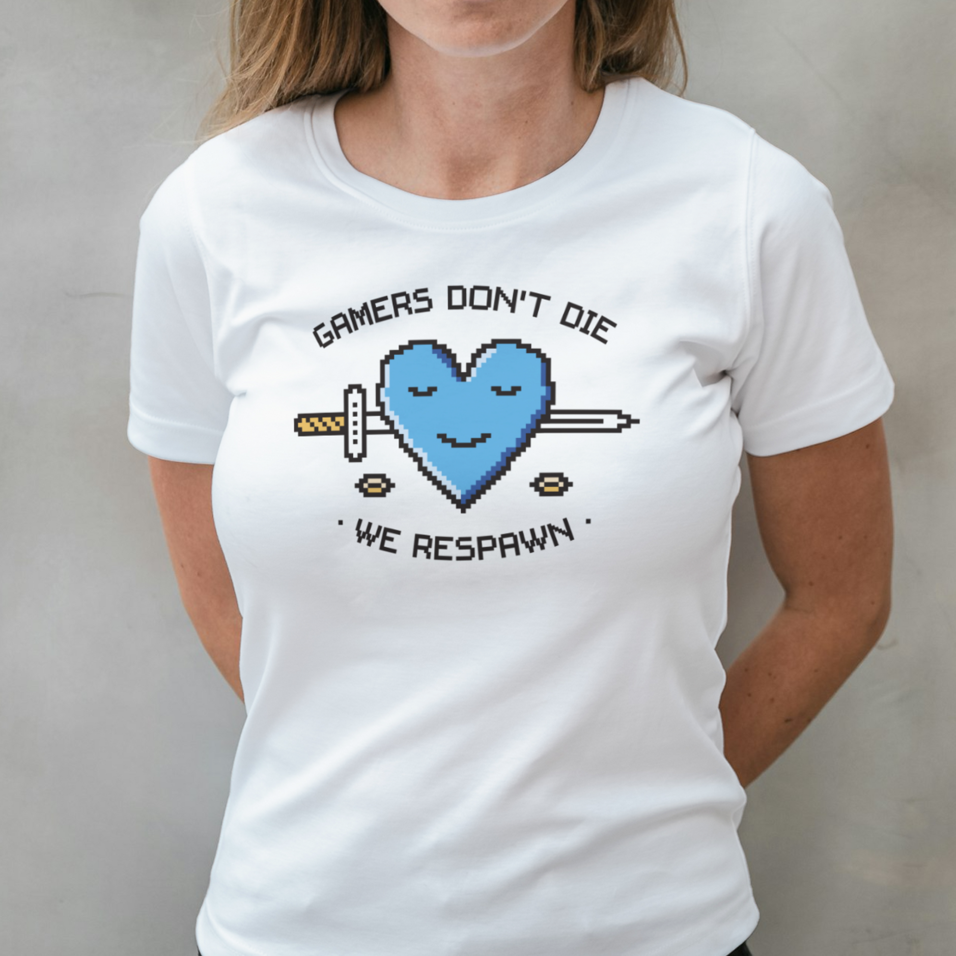 woman wearing gamers dont die graphic tee