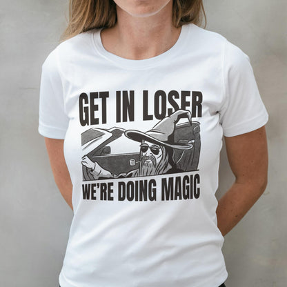 woman wearing get in loser graphic tee