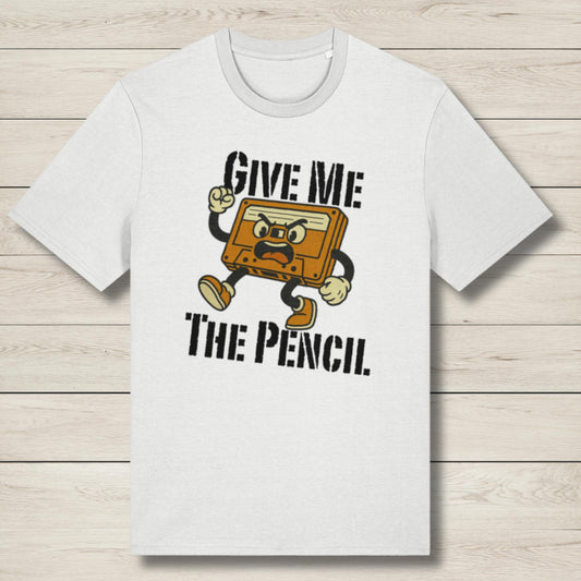 White t-shirt with a graphic design of a pencil and text on a wooden surface