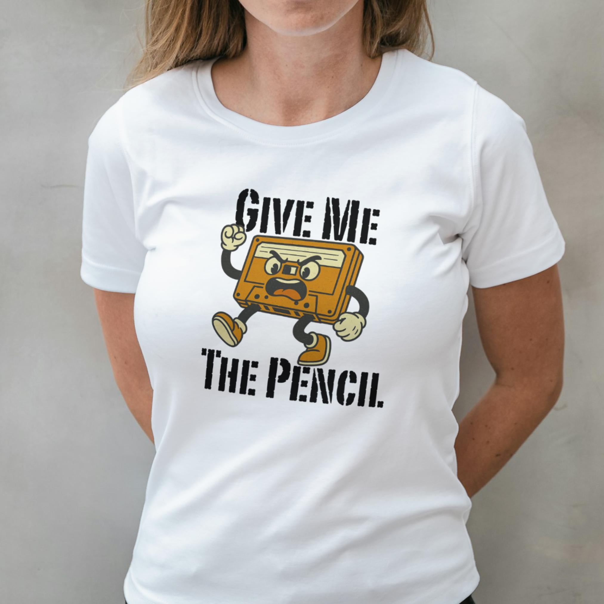 Person wearing a white t-shirt with a graphic design and text.