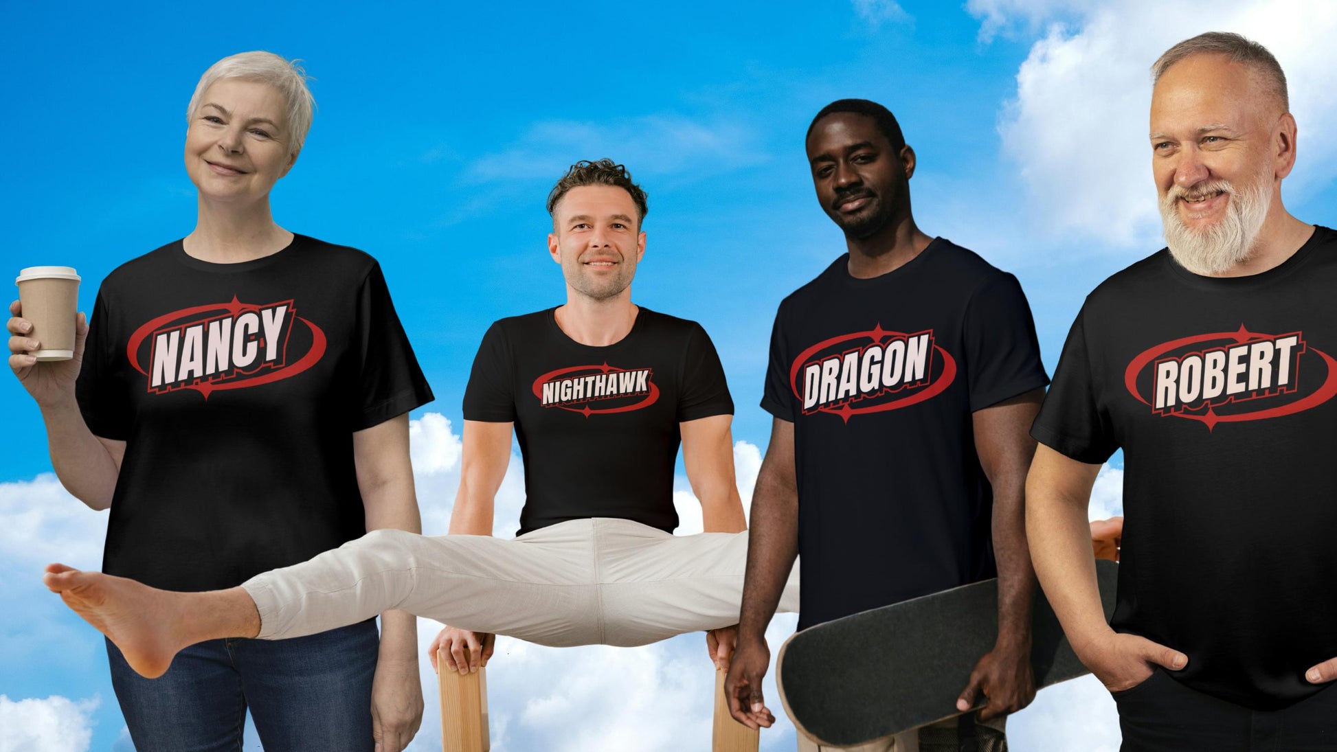 Four people wearing black t-shirts with names on them against a blue sky.