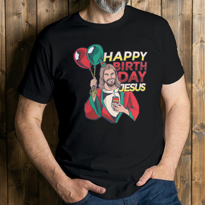 man wearing birthday jesus t shirt