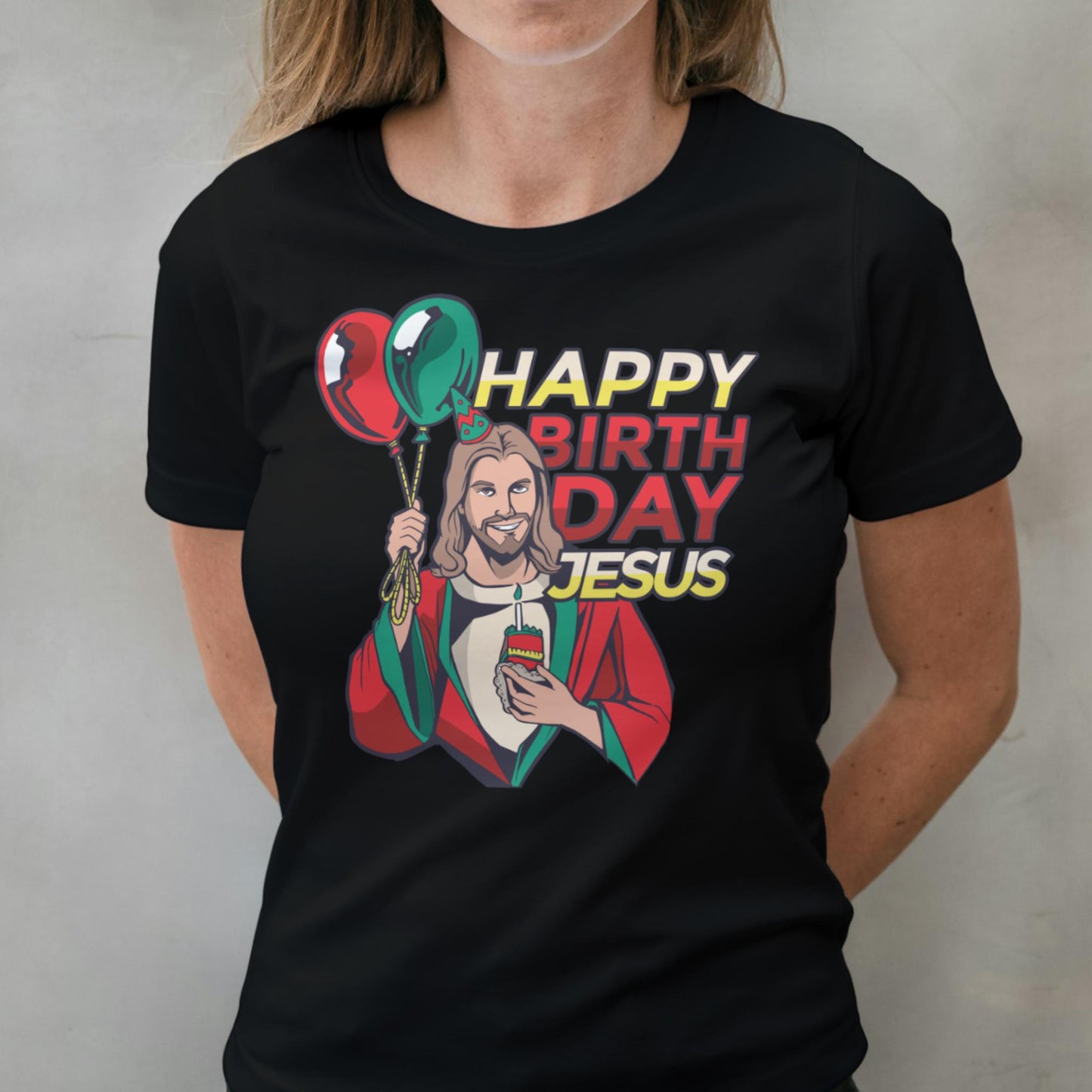 woman wearing birthday jesus t shirt