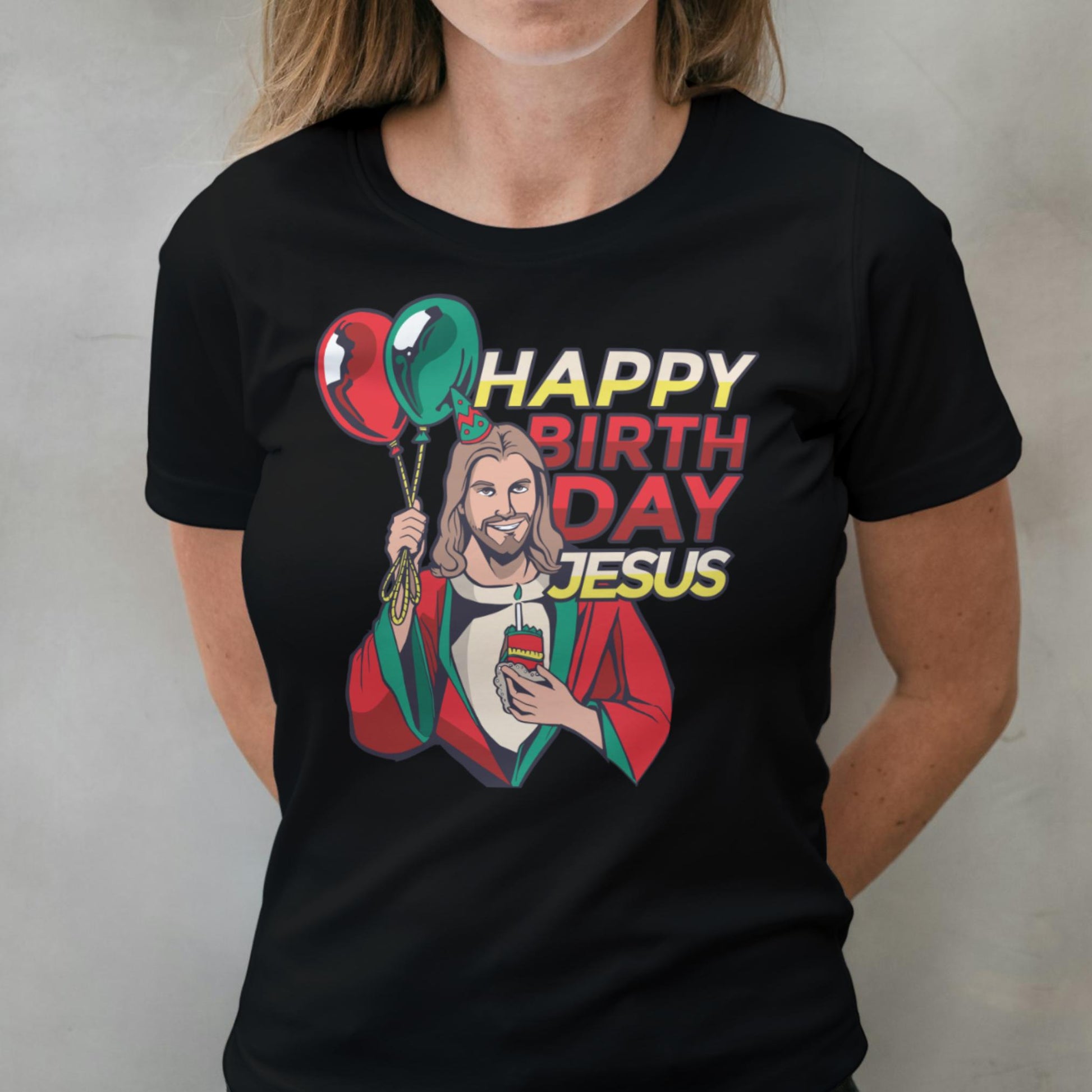 woman wearing birthday jesus t shirt