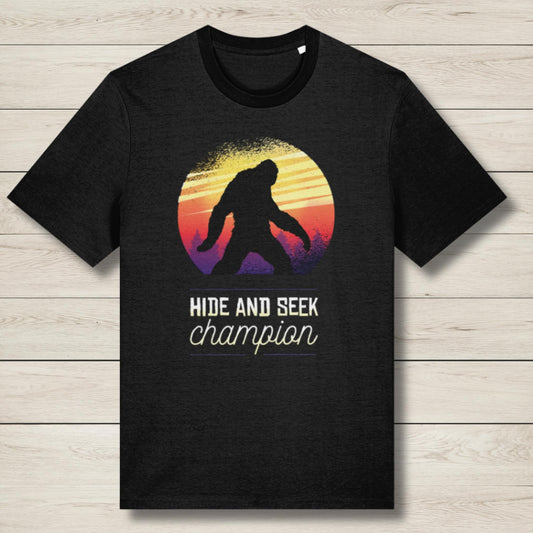 Black t-shirt with a colorful 'Hide and Seek Champion' design featuring a silhouette of a person and a circle in the background.