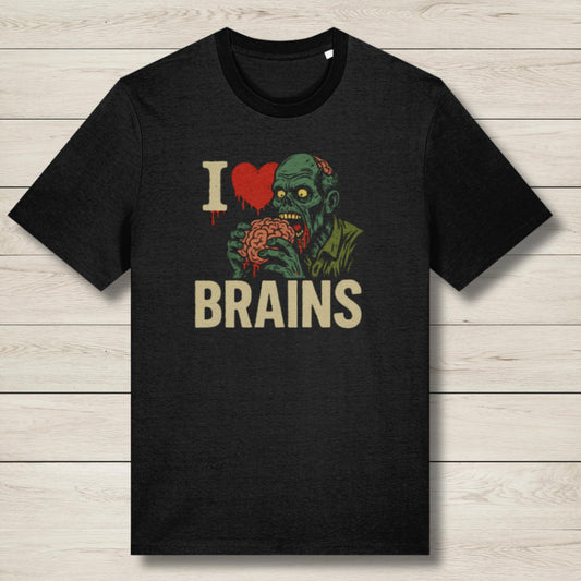 Black t-shirt with a zombie graphic and 'I ❤️ BRains' text on a wooden surface