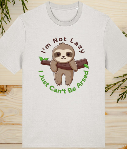 i'm not lazy, i just cant be arsed graphic on a mens white t shirt