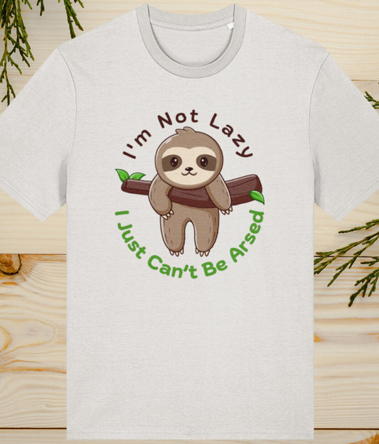 i'm not lazy, i just cant be arsed graphic on a mens white t shirt