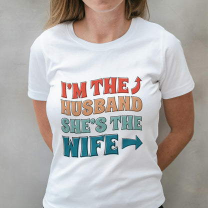 woman wearing im the husband t shirt