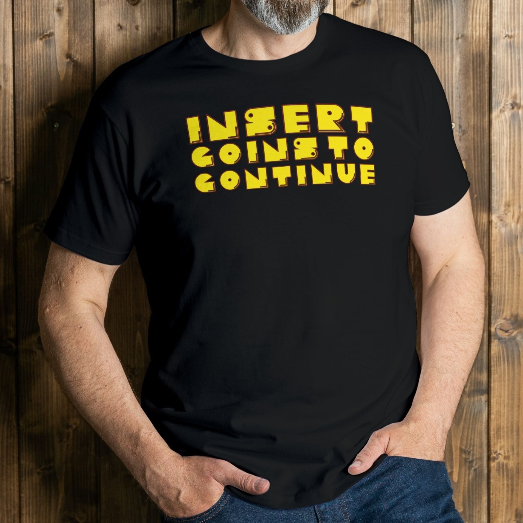 man wearing insert coins to continue