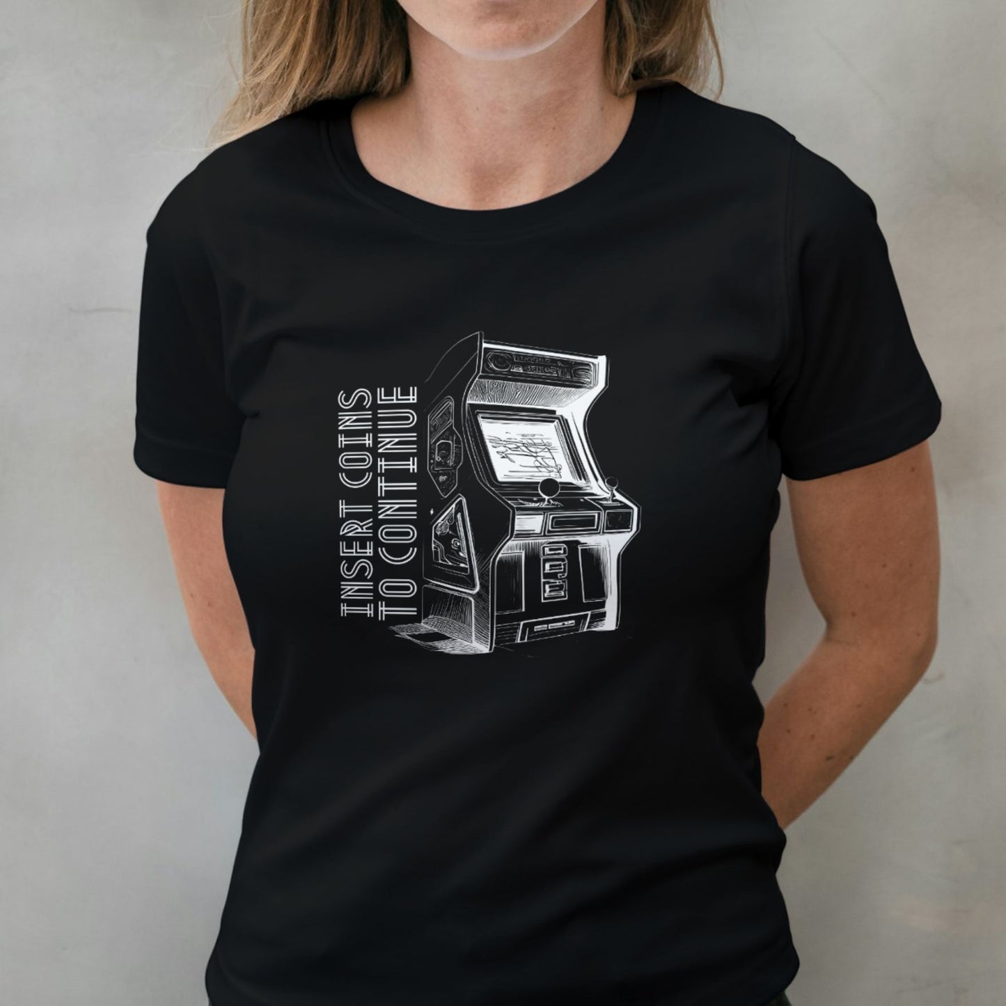 woman wearing insert coins to continue t shirt