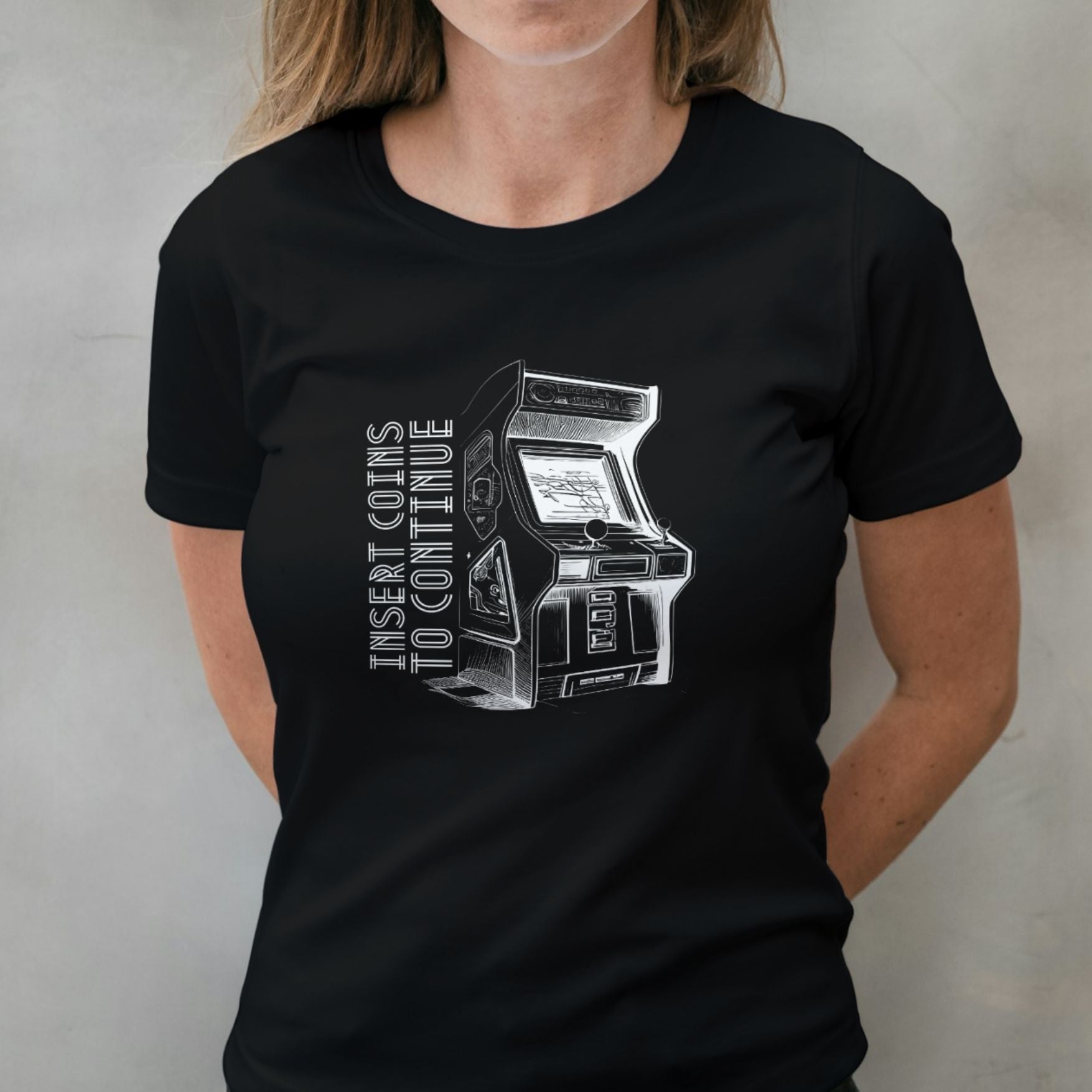 woman wearing insert coins to continue t shirt