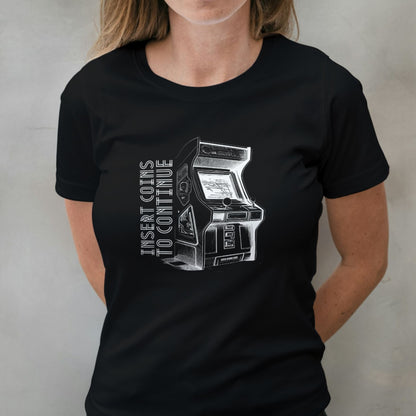 woman wearing insert coins to continue t shirt