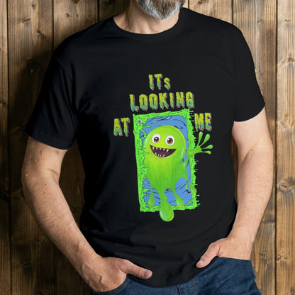 man wearing its looking at me graphic tee
