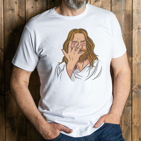 man wearing ashamed jesus graphic tee