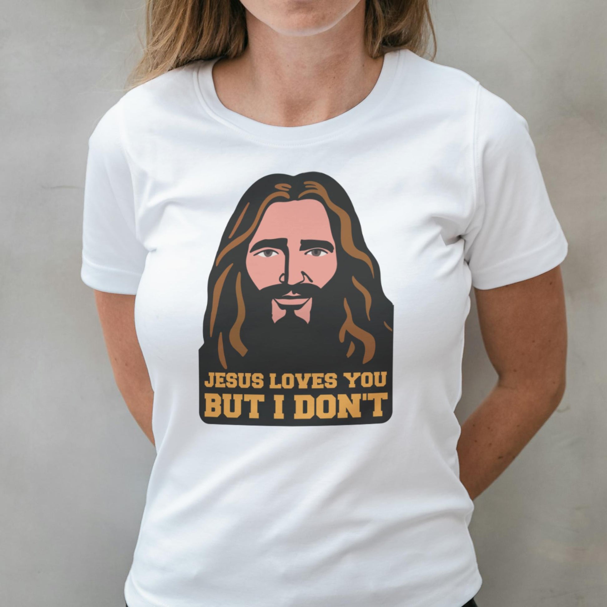 woman wearing jesus loves you t shirt