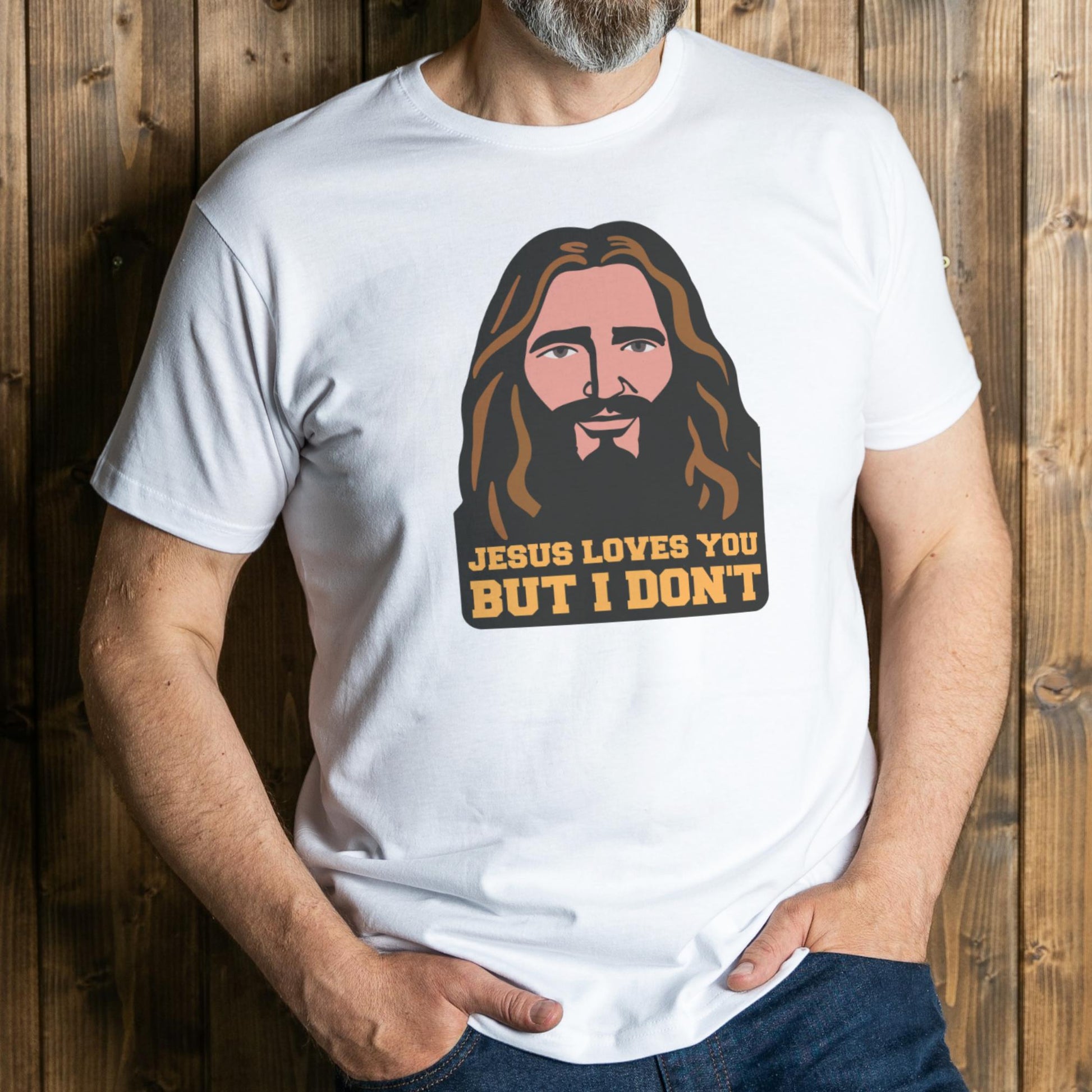 man wearing jesus lives you t shirt