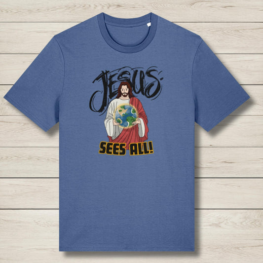 jesus sees all blue premium graphic tee
