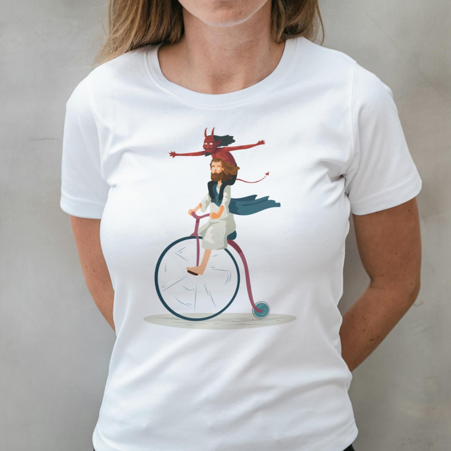 woman wearing jesus unicycle t shirt