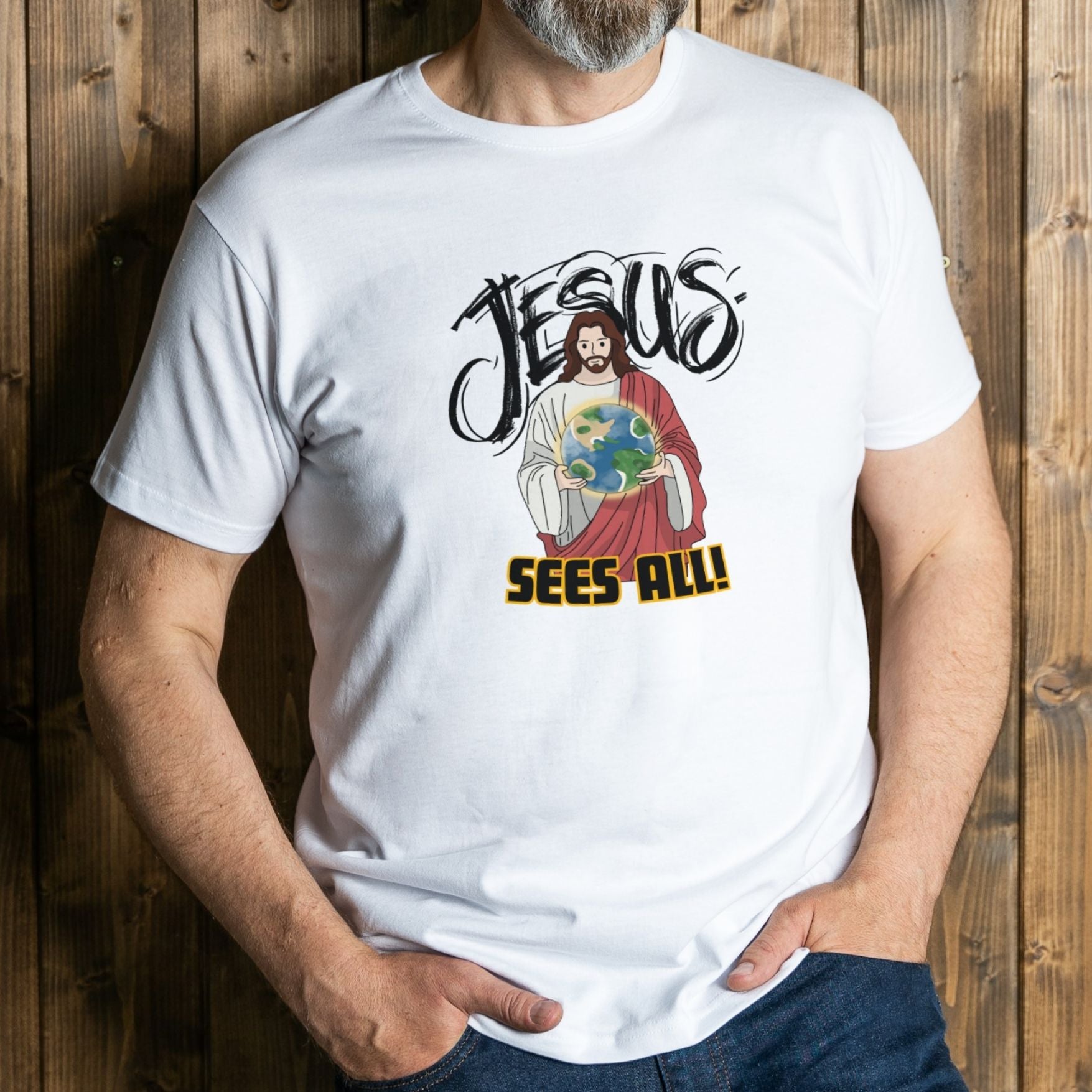 man wearing jesus sees all graphic tee