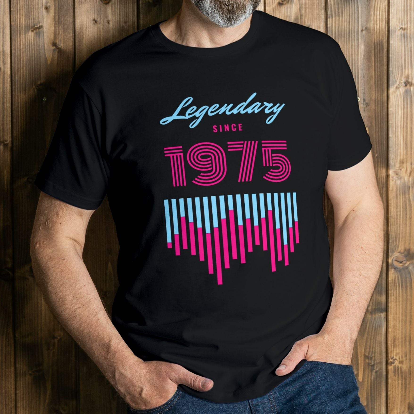 man wearing legendary since 1975 graphic tee