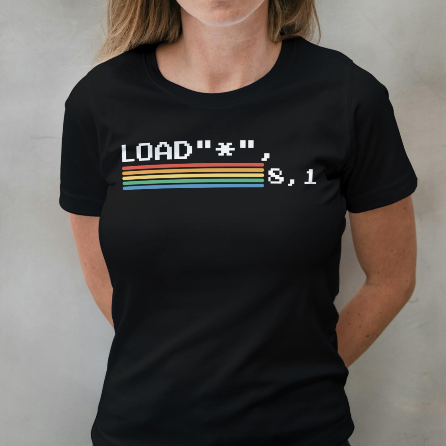 woman wearing c64 load t shirt