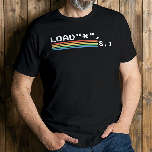 man wearing c64 load t shirt