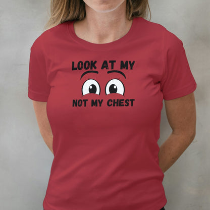 woman wearing look at my eyes graphic tee
