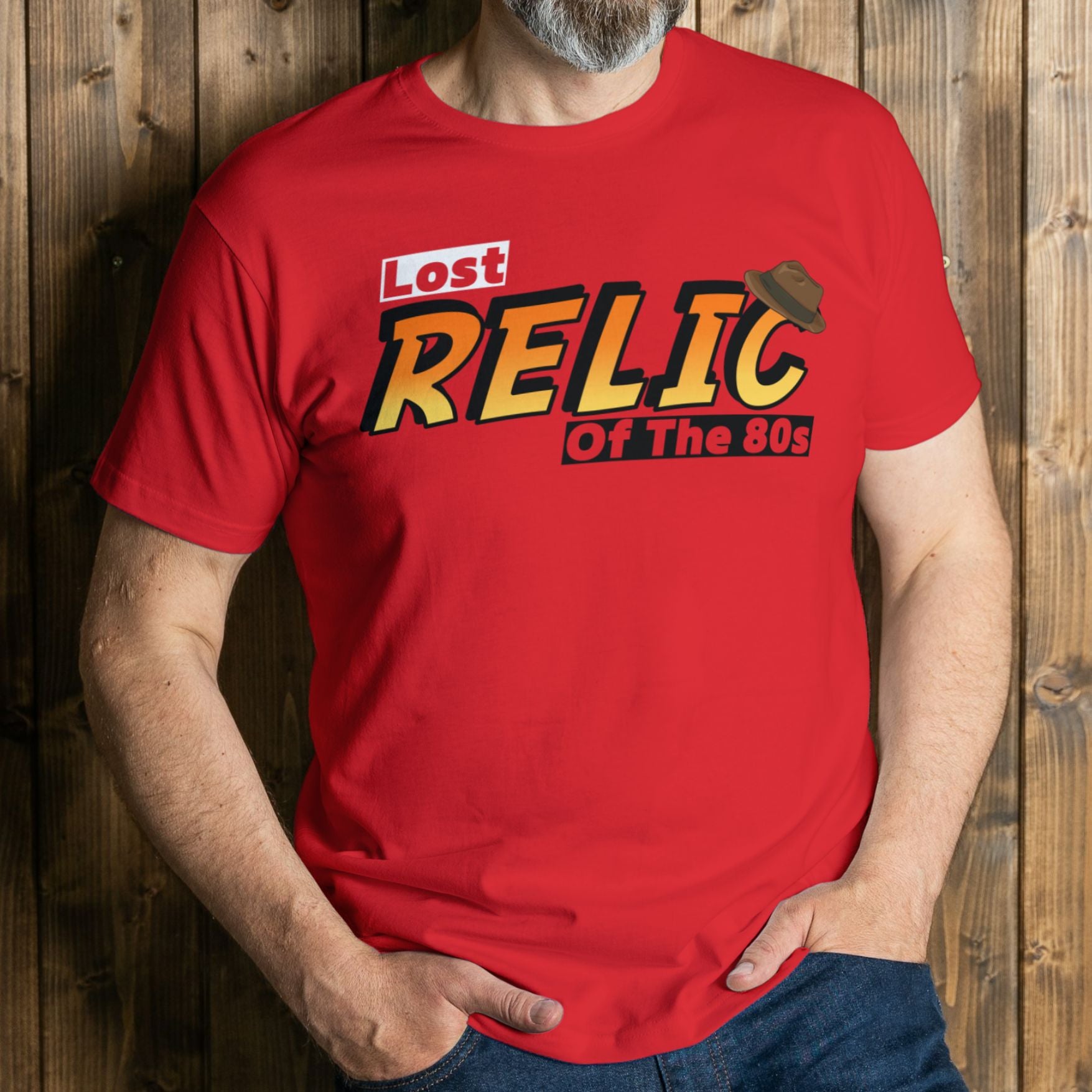 man wearing lost relic of the 80s graphic tee in red