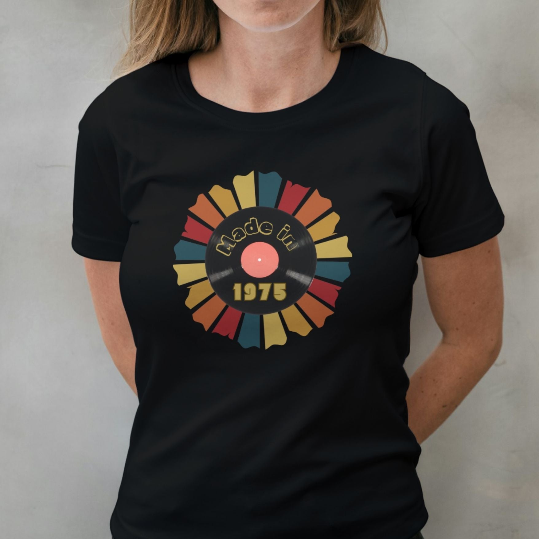woman wearing made in 1975 t shirt