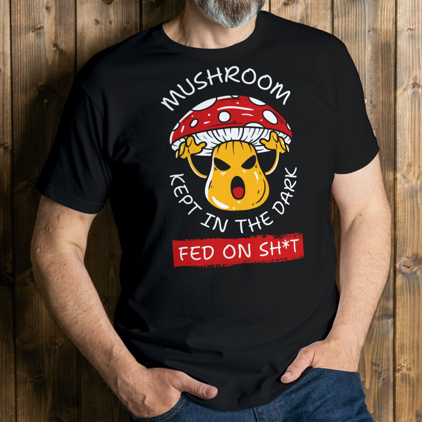 man wearing mushroom kept in the dark graphic tee