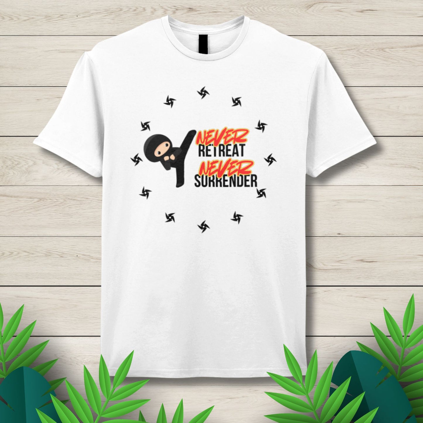 woman wearing never retreat never surrender graphic tee
