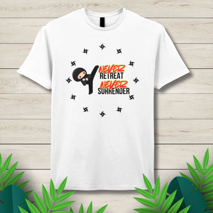 woman wearing never retreat never surrender graphic tee