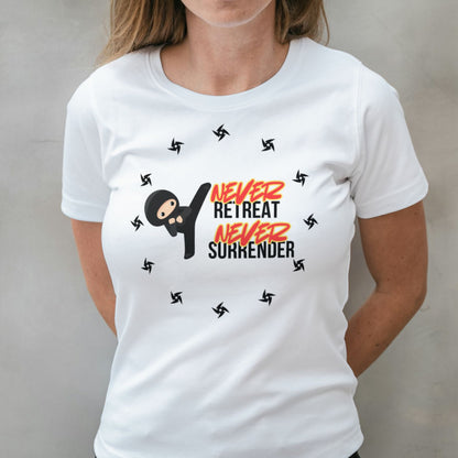 woman wearing never retreat never surrender graphic tee