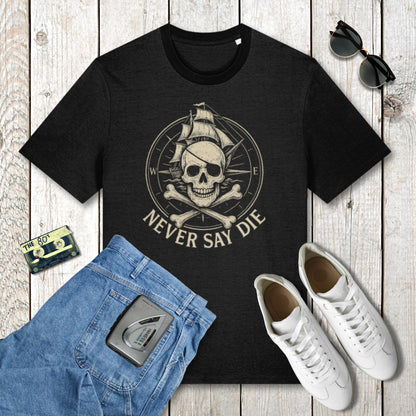 Black t-shirt with skull and crossbones design, sunglasses, jeans, and sneakers on a wooden surface