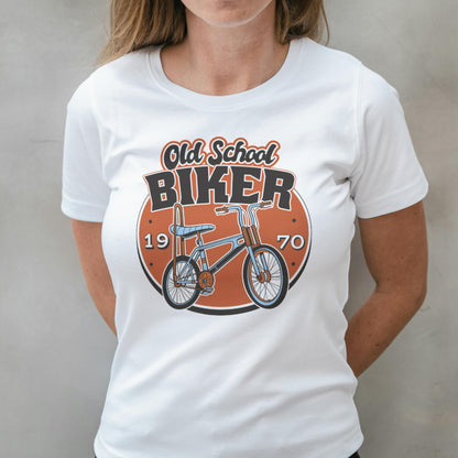 woman wearing old school biker t shirt