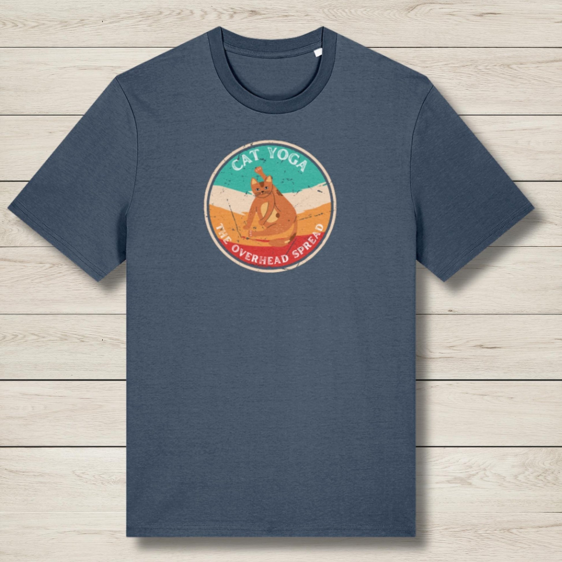 cat yoga overhead spread blue premium graphic tee