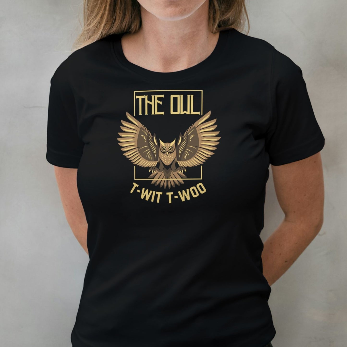 woman wearing the owl graphic tee
