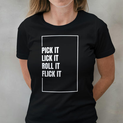 Person wearing a black t-shirt with white text on a plain background