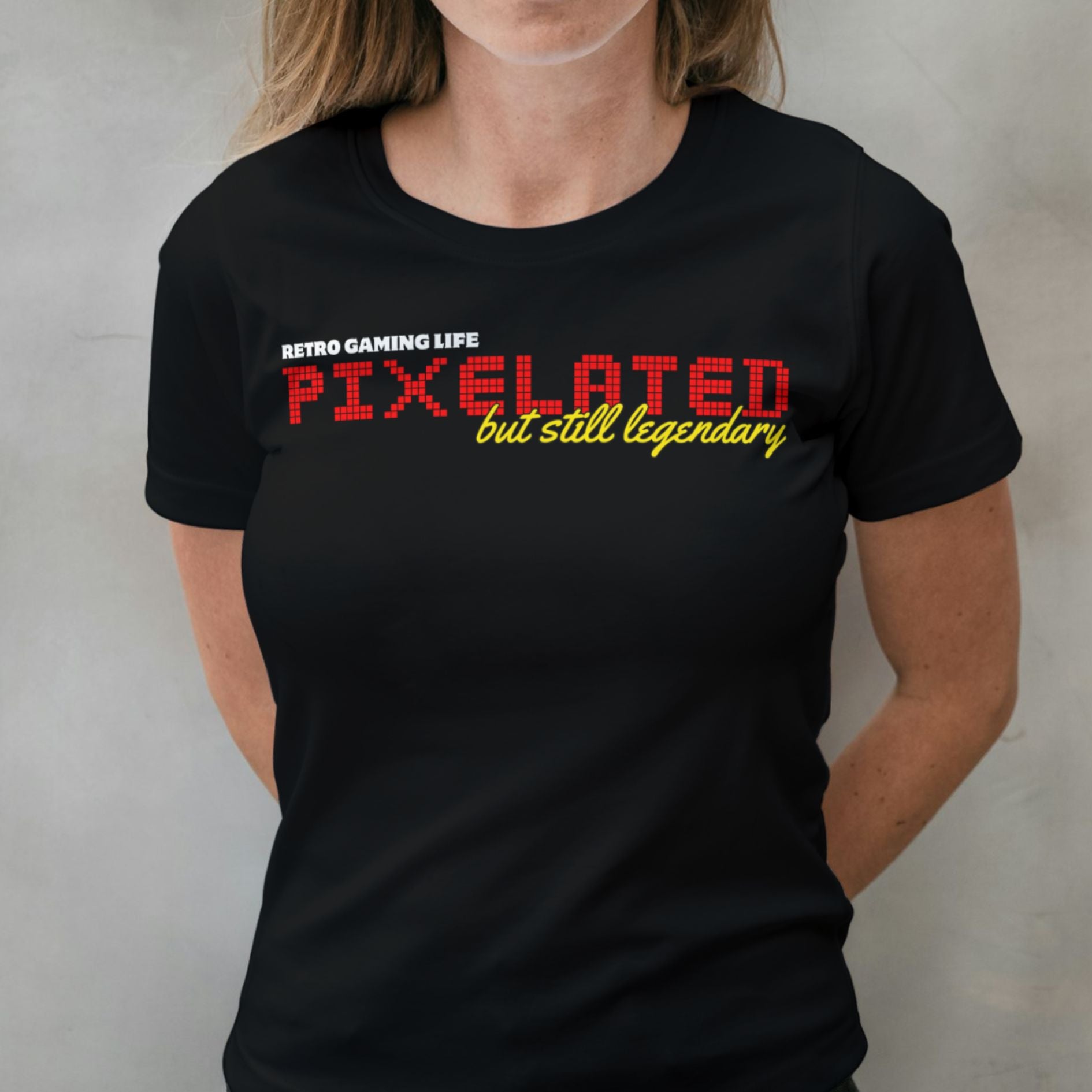 woman wearing pixelated but legendary t shirt