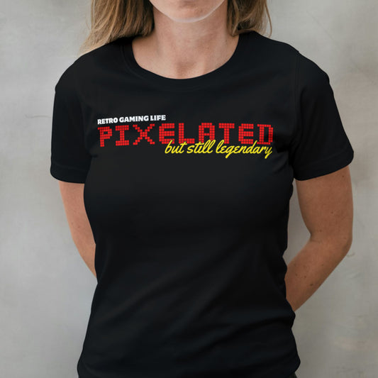 woman wearing pixelated but legendary t shirt