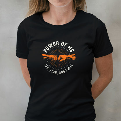 woman wearing power of me fist bump graphic tee