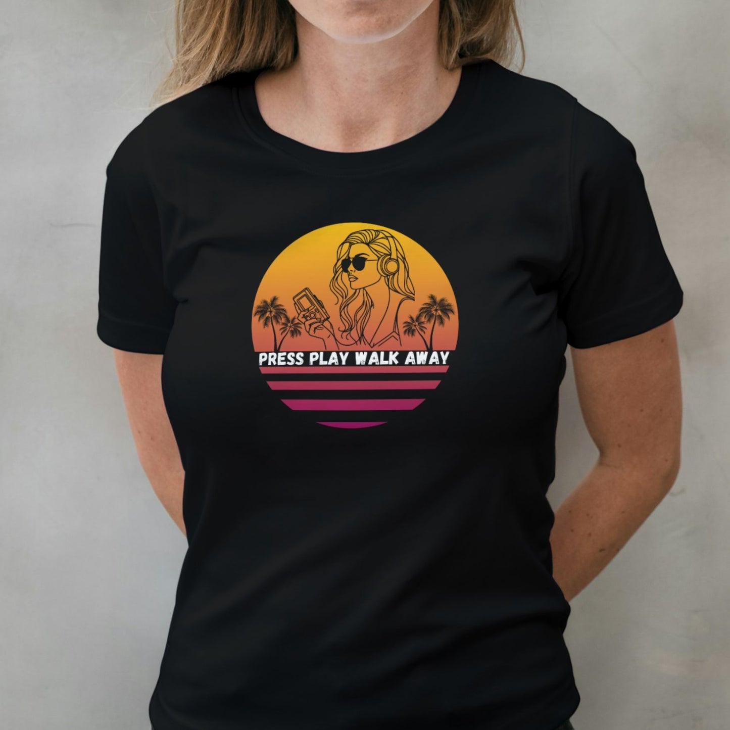 woman wearing press play walk away t shirt