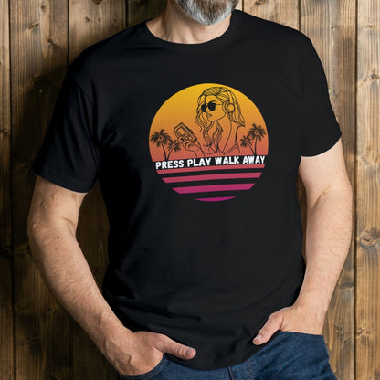 man wearing press play walk away t shirt