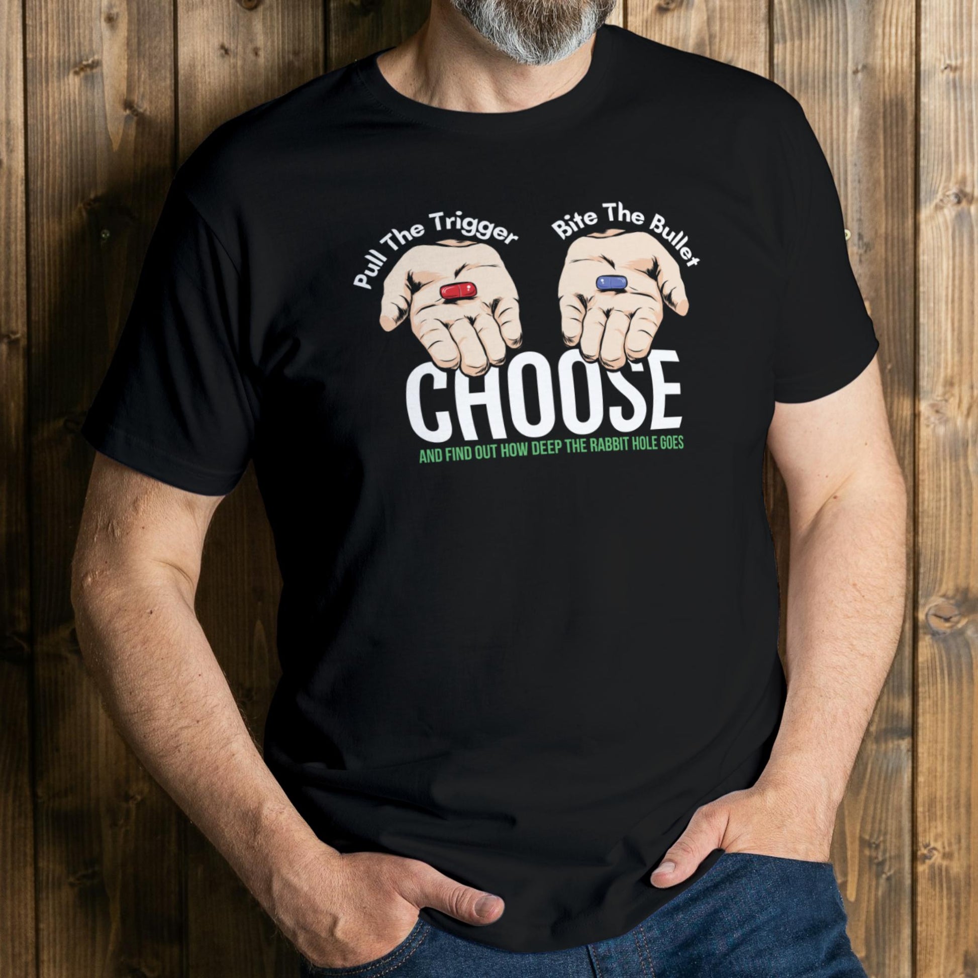 man wearing blue pill red pill t shirts