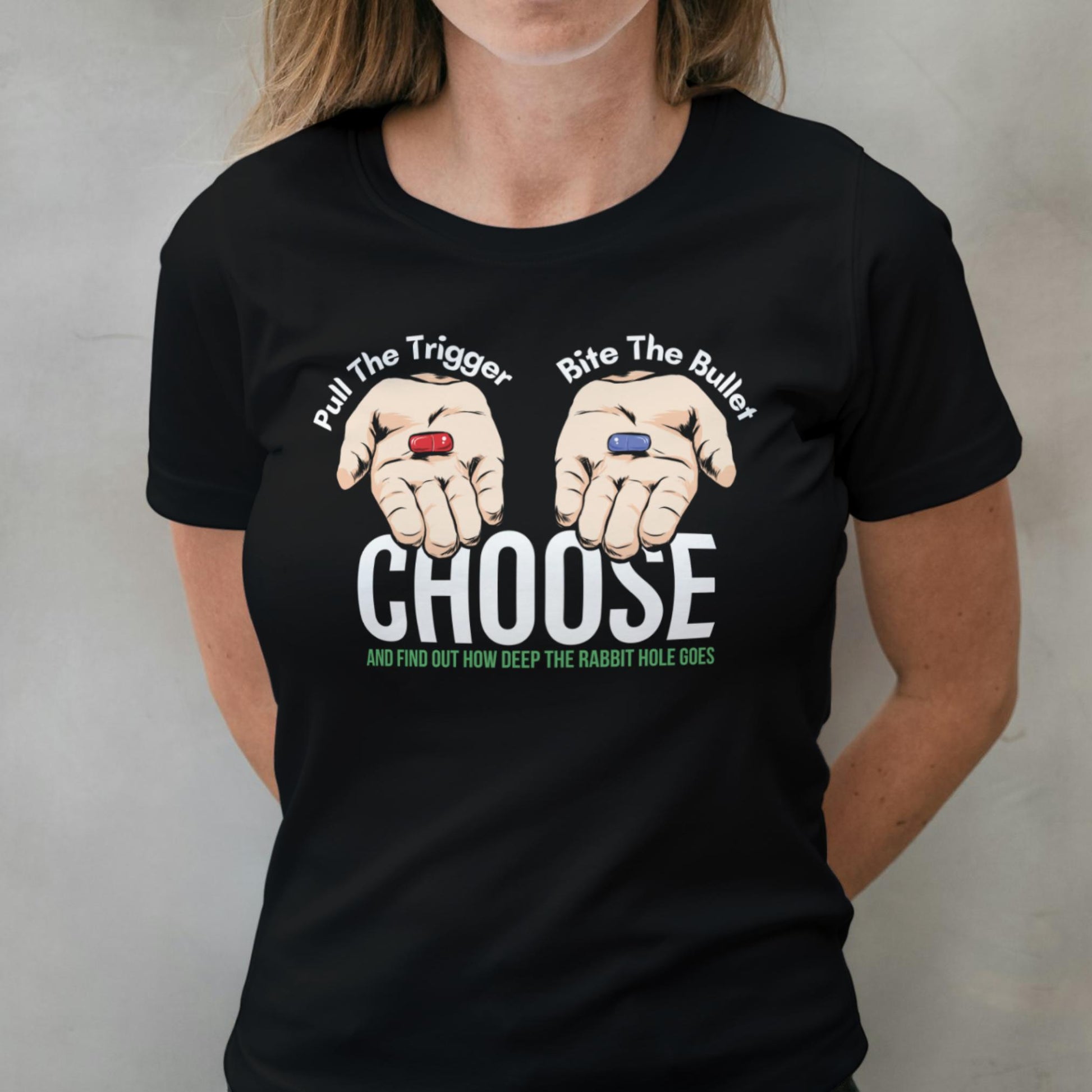 woman wearing blue pill red pill t shirt