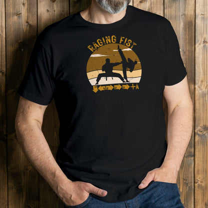 man wearing raging fist graphic tee