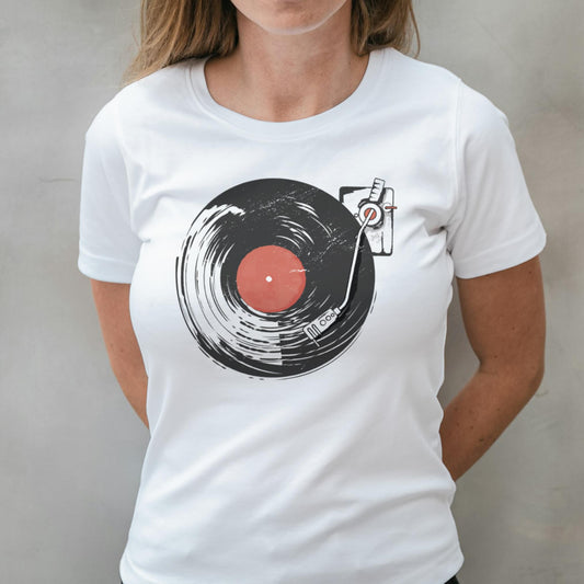 woman wearing vintage record player on white t shirt
